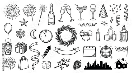 Hand-drawn black and white New Year icons set with a clock nearing midnight, champagne, fireworks, and other winter holiday celebration elements in a sketch style