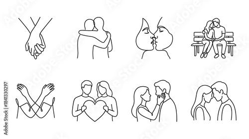 Set of eight romantic couple line art icons illustrates love and affection with minimalist continuous line drawings of holding hands, hugging, kissing, and tender moments