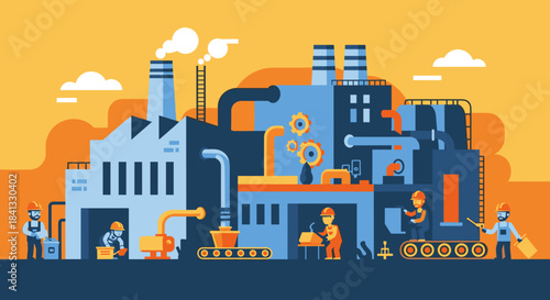 Industrial factory operation with workers and machinery illustration Manufacturing and production concept