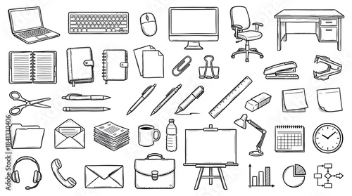 Large set of hand-drawn office supply and business icons in a black and white doodle style, featuring computer equipment, stationery, furniture, and communication symbols