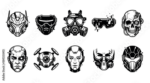 Collection of black and white futuristic icons featuring cyborg heads, robotic helmets, a gas mask, a drone, and a mechanical skull, rendered in a bold graphic style