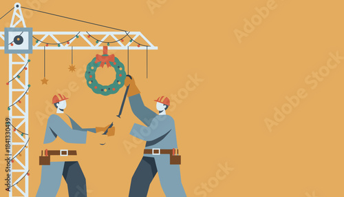 Construction workers hang a Christmas wreath on a crane Festive holidays and seasonal work illustration
