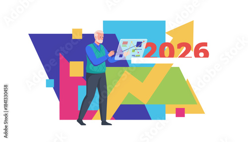 Senior businessman analyzing 2026 financial projection data on a transparent screen Future planning concept