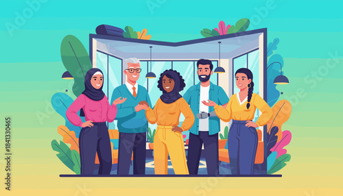 Diverse inclusive team collaborates in a modern sustainable office setting