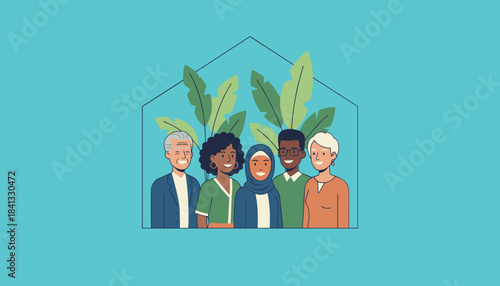 Diverse group illustration showing community friendship and inclusion under one roof