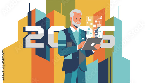 Mature businessman using a digital tablet for 2025 business forecasting in a colorful city
