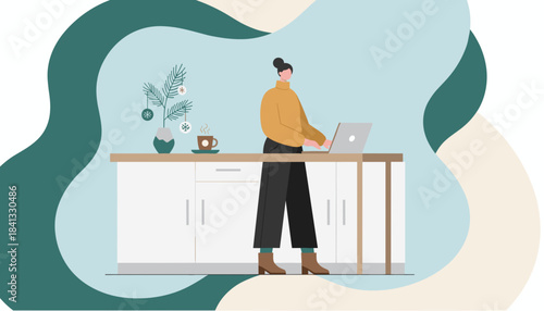 Remote work illustration Woman standing at counter with laptop and winter holiday decor