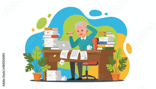Stressed senior worker overwhelmed by massive paperwork and office workload Burnout concept