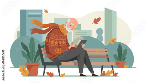 Senior man in autumn sweater using a tablet on a park bench with a city background