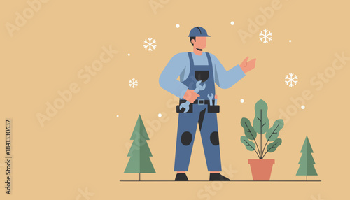 A maintenance worker stands outside with tools in winter snow Repair service concept illustration