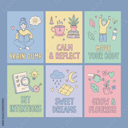 Six healthy daily habits for selfcare and wellbeing journaling exercise reflection setting goals and rest