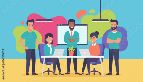 Diverse professional team meeting in a modern vibrant office setting Business collaboration and success