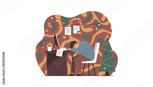 Exhausted person sleeping at a festive office desk struggling with holiday burnout and overwork