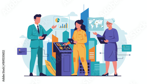 Diverse team analyzes business data logistics and technology using control systems in a cityscape