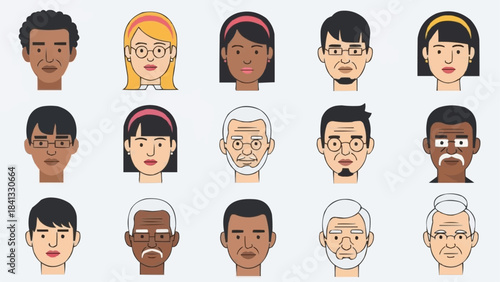 Diverse group of people faces illustration in a grid format.