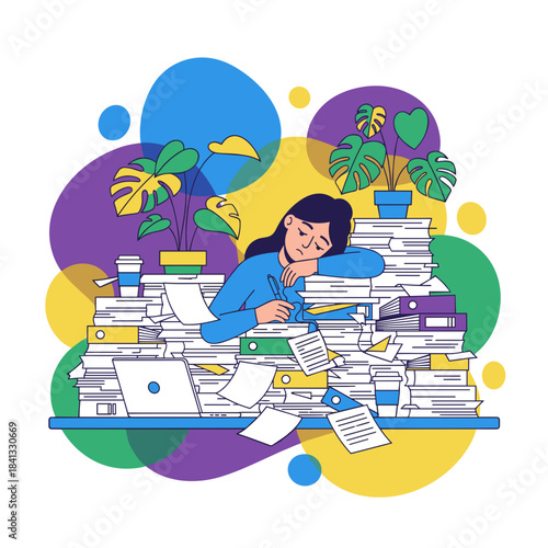 Overworked woman buried in huge piles of paperwork office stress and burnout concept