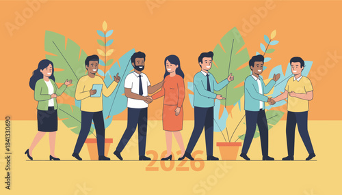 Diverse business team shaking hands and walking achieving goals in 2026