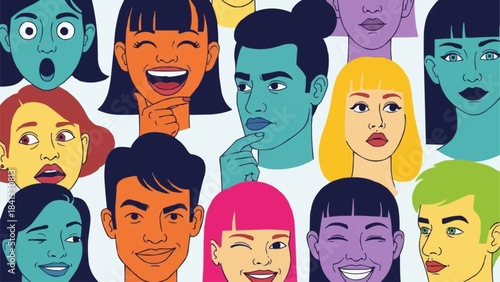 Colorful illustrated portraits of people with different facial expressions.
