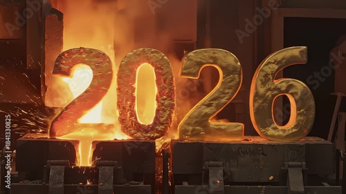 Molten Metal Forms Year 2026 in Foundry With Fiery Liquid Pouring