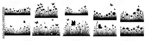 Black silhouette meadow with flowers and butterflies