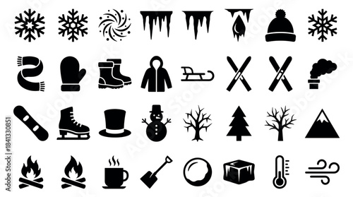 Large set of black winter glyph icons showing various seasonal activities and weather symbols like snowflakes, warm clothing, and sports equipment for cold climate design