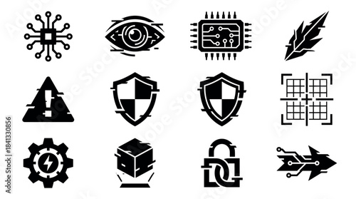 Set of black cybersecurity and technology icons with a glitch effect, featuring symbols like a shield, microchip, futuristic eye, lock, and warning sign for digital concepts