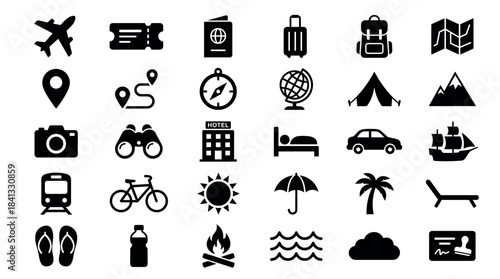 Collection of black solid travel icons representing vacation, tourism, and adventure concepts like airplane, passport, luggage, map, and hotel in a simple glyph style