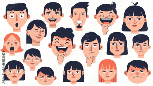Diverse collection of cartoon faces expressing a wide range of human emotions and feelings.