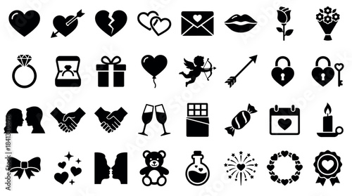 Large collection of black love icons representing romance and Valentine's Day symbols like hearts, cupid, rings, and gifts in a simple minimalist glyph style for design