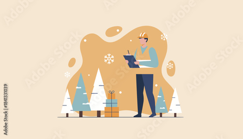 Worker with hard hat checks holiday inventory outside Winter delivery and logistics concept
