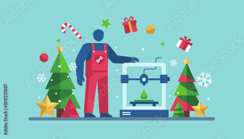 Worker using a 3D printer to manufacture festive gifts and decorations Industrial Christmas technology