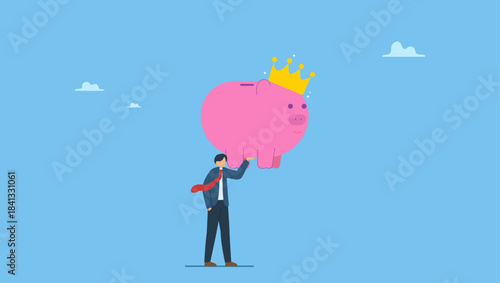 Businessman offer shinny pink piggy bank with golden king crown. Best investment, winning pension fund or bargain stock picking with high return, safety deposit saving for retirement.