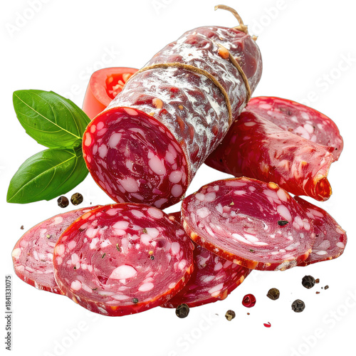 A close-up studio shot of a dry cured salami log and slices with basil and peppercorns against a black background.