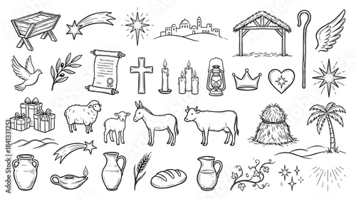 Large set of hand-drawn Christmas nativity icons in a black and white doodle style, featuring religious symbols like the manger, star, stable, animals, and gifts