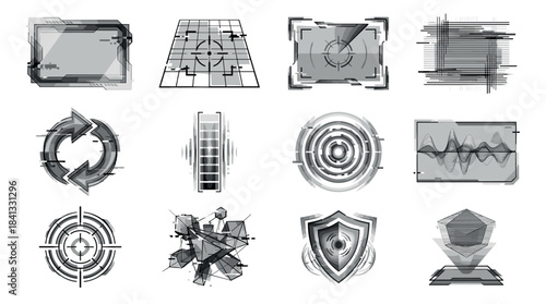 Set of futuristic HUD interface elements in a monochrome glitch style, featuring various icons like targets, shields, holograms, and data displays for a sci-fi concept