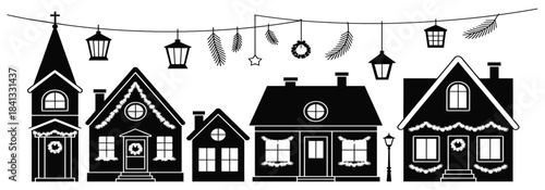 christmas town silhouette with festive houses church