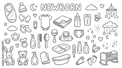 Collection of hand-drawn newborn essentials in a black and white line art style, featuring a swaddled baby, crib, clothing, toys, and various infant care accessories