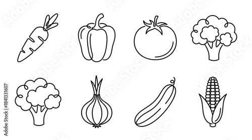 Collection of vegetable line art icons featuring a carrot, pepper, tomato, broccoli, onion, cucumber, and corn, drawn in a simple, minimalist, and continuous line style