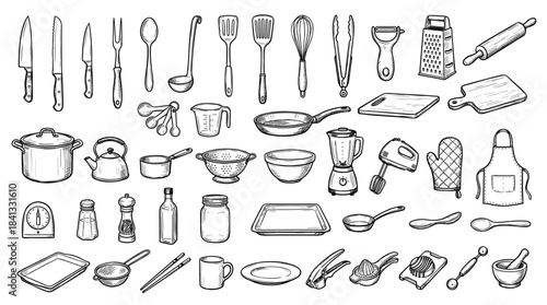 Large collection of hand-drawn kitchen utensils and cooking equipment illustrated in a detailed black and white doodle style showing various tools for food preparation