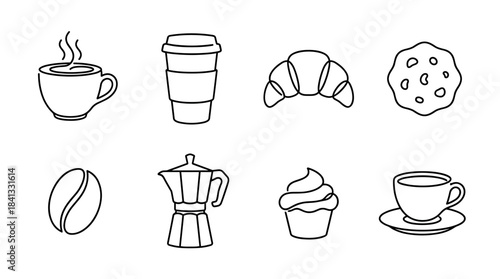 Set of black line art icons featuring coffee cups, a croissant, a cookie, a cupcake, a moka pot, and a coffee bean, representing a cafe or breakfast menu concept