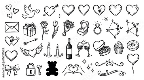 Large collection of hand-drawn love icons in a doodle sketch style, featuring hearts, rings, flowers, and romantic symbols for Valentine's Day or wedding celebrations