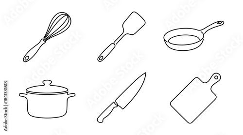Set of six kitchen utensil icons including a whisk, spatula, pan, pot, knife, and cutting board drawn in a simple black and white minimalist outline style