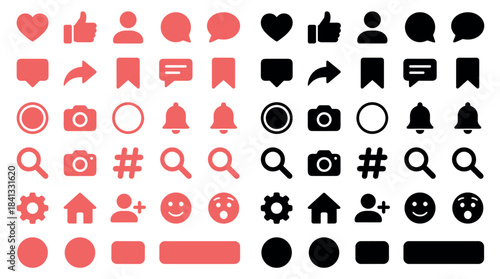 Large set of red and black social media icons for user interface design, featuring flat vector symbols like heart, comment, share, profile, and other common web elements