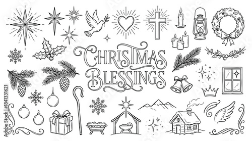 Large set of hand-drawn Christmas icons and doodles featuring religious and traditional holiday symbols like the nativity, star, cross, wreath, and festive lettering