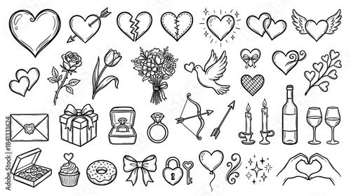 Large collection of hand-drawn love icons in a cute black and white doodle style, featuring romantic symbols like hearts, flowers, gifts, and an engagement ring for Valentine's Day