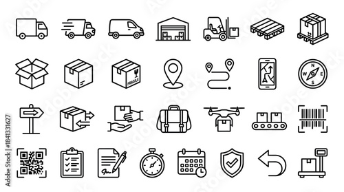 Set of black outline icons for logistics, shipping, and delivery services, including symbols for transportation, warehouse, package tracking, and cargo management