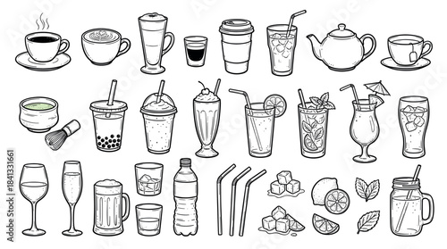 Large collection of hand-drawn beverage icons featuring hot and cold drinks like coffee, tea, cocktails, and smoothies in a detailed black and white line art sketch style