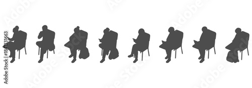 CAD top view drawing of seated students silhouette - leaning forward, writing, reading, using laptop, scrolling phone. Vector illustration