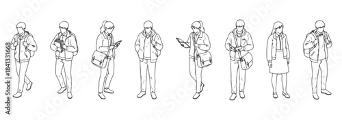 CAD top view drawing of students — walking, standing, adjusting bag straps, looking down, holding books. Vector illustration