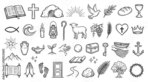 Hand-drawn set of Christian religious icons and biblical symbols like the cross, fish, empty tomb, and dove, illustrated in a simple black and white doodle line art style